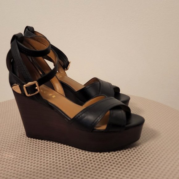 Coach Harrison Leather Platform Sandals Wedges in Black Size 7B - Picture 3 of 9